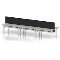 Air 6 Person Sit-Standing Bench Desk with Black Straight Screen, Back to Back, 6 x 1600mm (800mm Deep), White Frame, Dove Grey