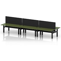Air 6 Person Sit-Standing Bench Desk with Black Straight Screen, Back to Back, 6 x 1600mm (800mm Deep), Black Frame, Moss Green