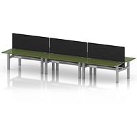 Air 6 Person Sit-Standing Bench Desk with Black Straight Screen, Back to Back, 6 x 1600mm (800mm Deep), Silver Frame, Moss Green