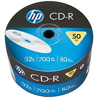 HP CD-R Writable Blank CDs, Wrap, 700mb/80min Capacity, Pack of 50 HP CD-R Writable Blank CDs, Wrap, 700mb/80min Capacity, Pack of 50