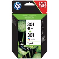 HP 301 Black & Colour Ink Cartridges (2 Cartridges) N9J72AE