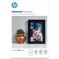 HP 100mm x 150mm Advanced Photo Paper, Glossy, 250gsm, Pack of 25