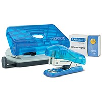 Rapesco 2 Hole Punch Mini Stapler and 26/6mm Staples Set, Transparent Blue