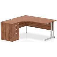 Impulse 1600mm Corner Desk with 600mm Desk High Pedestal, Left Hand, Silver Cantilever Leg, Walnut