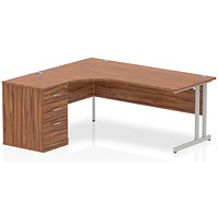 Impulse 1800mm Corner Desk with 600mm Desk High Pedestal, Left Hand, Silver Cantilever Leg, Walnut