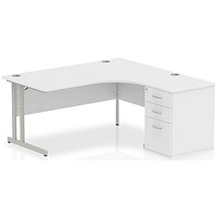 Impulse Corner Desk with 600mm Pedestal, Right Hand, 1600mm Wide, Silver Legs, White