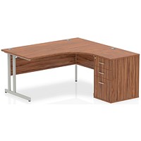 Impulse Corner Desk with 600mm Pedestal, Right Hand, 1600mm Wide, Silver Legs, Walnut