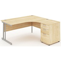 Impulse 1600mm Corner Desk with 600mm Desk High Pedestal, Right Hand, Silver Cantilever Leg, Maple