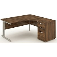 Impulse Corner Desk with 600mm Pedestal, Right Hand, 1800mm Wide, Silver Legs, Walnut