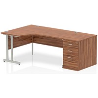 Impulse Corner Desk with 800mm Pedestal, Left Hand, 1600mm Wide, Silver Legs, Walnut