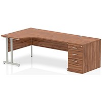 Impulse Corner Desk with 800mm Pedestal, Left Hand, 1800mm Wide, Silver Legs, Walnut