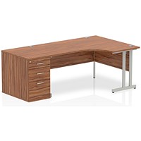 Impulse Corner Desk with 800mm Pedestal, Right Hand, 1600mm Wide, Silver Legs, Walnut
