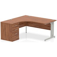 Impulse 1600mm Corner Desk with 600mm Desk High Pedestal, Left Hand, Silver Cable Managed Leg, Walnut
