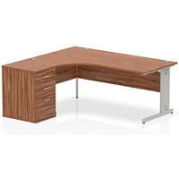 Impulse Plus Corner Desk with 600mm Pedestal, Left Hand, 1800mm Wide, Silver Cable Managed Legs, Walnut