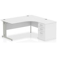 Impulse 1600mm Corner Desk with 600mm Desk High Pedestal, Right Hand, Silver Cable Managed Leg, White