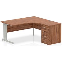 Impulse Plus Corner Desk with 600mm Pedestal, Right Hand, 1600mm Wide, Silver Cable Managed Legs, Walnut