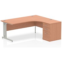 Impulse 1800mm Corner Desk with 600mm Desk High Pedestal, Right Hand, Silver Cable Managed Leg, Beech