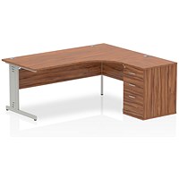 Impulse 1800mm Corner Desk with 600mm Desk High Pedestal, Right Hand, Silver Cable Managed Leg, Walnut