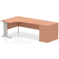 Impulse Plus Corner Desk with 800mm Pedestal, Left Hand, 1800mm Wide, Silver Cable Managed Legs, Beech