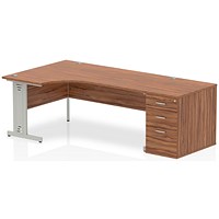 Impulse Plus Corner Desk with 800mm Pedestal, Left Hand, 1800mm Wide, Silver Cable Managed Legs, Walnut