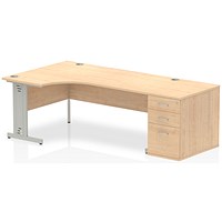 Impulse Plus Corner Desk with 800mm Pedestal, Left Hand, 1800mm Wide, Silver Cable Managed Legs, Maple