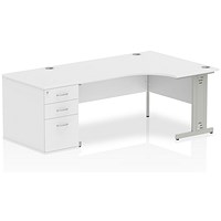 Impulse 1600mm Corner Desk with 800mm Desk High Pedestal, Right Hand, Silver Cable Managed Leg, White