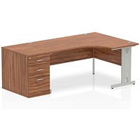 Impulse Plus Corner Desk with 800mm Pedestal, Right Hand, 1600mm Wide, Silver Cable Managed Legs, Walnut