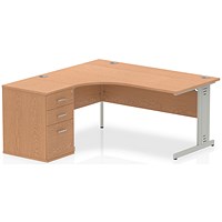 Impulse 1600mm Corner Desk with 600mm Desk High Pedestal, Left Hand, Silver Cable Managed Leg, Oak