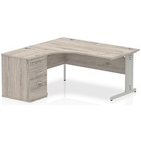 Impulse 1600mm Corner Desk with 600mm Desk High Pedestal, Left Hand, Silver Cable Managed Leg, Grey Oak Impulse 1600mm Corner Desk with 600mm Desk High Pedestal, Left Hand, Silver Cable Managed Leg, Grey Oak