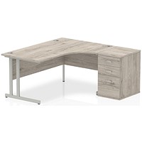 Impulse 1600mm Corner Desk with 600mm Desk High Pedestal, Right Hand, Silver Cantilever Leg, Grey Oak
