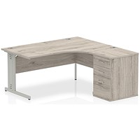 Impulse 1600mm Corner Desk with 600mm Desk High Pedestal, Right Hand, Silver Cable Managed Leg, Grey Oak