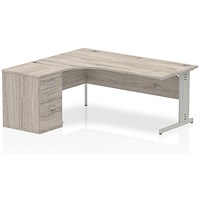 Impulse 1800mm Corner Desk with 600mm Desk High Pedestal, Left Hand, Silver Cable Managed Leg, Grey Oak