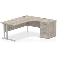 Impulse 1800mm Corner Desk with 600mm Desk High Pedestal, Right Hand, Silver Cantilever Leg, Grey Oak