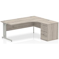 Impulse 1800mm Corner Desk with 600mm Desk High Pedestal, Right Hand, Silver Cable Managed Leg, Grey Oak