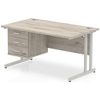 Impulse 1400mm Rectangular Office Desk With Fixed 3 Drawer Pedestal, Silver Cantilever Leg, Grey Oak