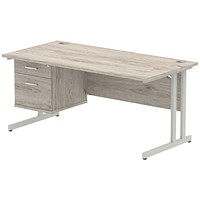 Impulse 1600mm Rectangular Desk with attached Pedestal, Silver Cantilever Leg, Grey Oak