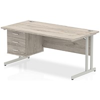 Impulse 1600mm Rectangular Office Desk With Fixed 3 Drawer Pedestal, Silver Cantilever Leg, Grey Oak