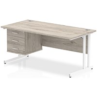 Impulse 1600mm Rectangular Office Desk With Fixed 3 Drawer Pedestal, White Cantilever Leg, Grey Oak