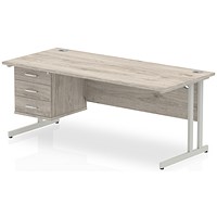 Impulse 1800mm Rectangular Office Desk With Fixed 3 Drawer Pedestal, Silver Cantilever Leg, Grey Oak