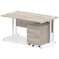 Impulse 1400 Rectangular Desk with 2 Drawer Mobile Pedestal, White Cantilever Legs, Grey Oak