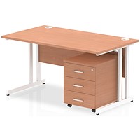 Impulse 1400 Rectangular Desk with 3 Drawer Mobile Pedestal, White Cantilever Legs, Beech