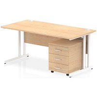 Impulse 1600 Rectangular Desk with 3 Drawer Mobile Pedestal, White Cantilever Legs, Maple