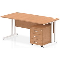 Impulse 1600 Rectangular Desk with 3 Drawer Mobile Pedestal, White Cantilever Legs, Oak