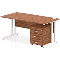 Impulse 1600 Rectangular Desk with 3 Drawer Mobile Pedestal, White Cantilever Legs, Walnut