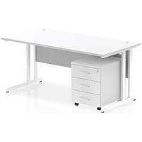 Impulse 1600 Rectangular Desk with 3 Drawer Mobile Pedestal, White Cantilever Legs, White