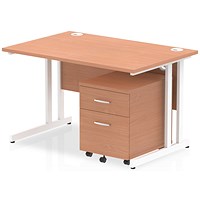 Impulse 1200 Rectangular Desk with 2 Drawer Mobile Pedestal, White Cantilever Legs, Beech