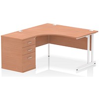 Impulse 1400mm Corner Desk with 600mm Desk High Pedestal, Left Hand, White Cable Managed Leg, Beech