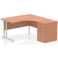 Impulse 1400mm Corner Desk with 600mm Desk High Pedestal, Right Hand, Silver Cable Managed Leg, Beech