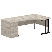 Impulse 1600mm Corner Desk with 800mm Desk High Pedestal, Right Hand, Black Cantilever Leg, Grey Oak