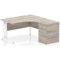 Impulse 1400mm Corner Desk with 600mm Desk High Pedestal, Right Hand, White Cable Managed Leg, Grey Oak Impulse 1400mm Corner Desk with 600mm Desk High Pedestal, Right Hand, White Cable Managed Leg, Grey Oak
